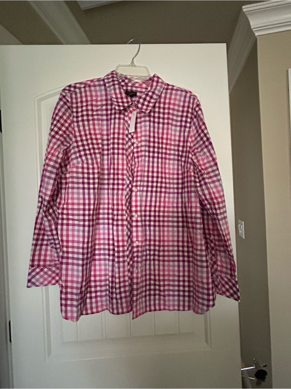 Cotton pink/purple/cream plaid shirt.